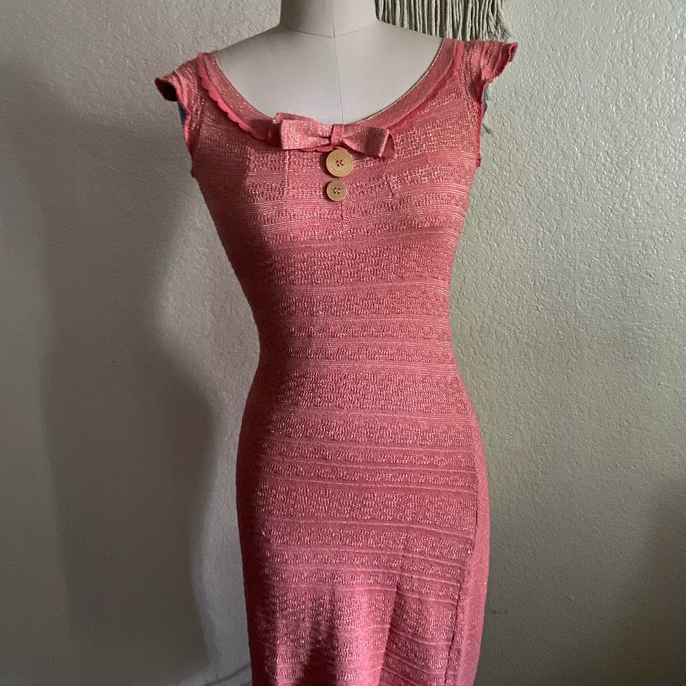 Manoush Spring Coral Peach Ruffle Wool Sparkle Gold Midi Dress